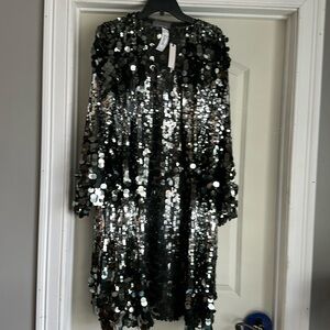 Anthropologie Paillette Bell Sleeve Duster Black Multi